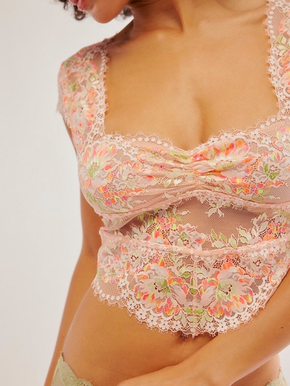 NWT free people garden party Delicate Floral Lace top shirt Bralette Pink beige